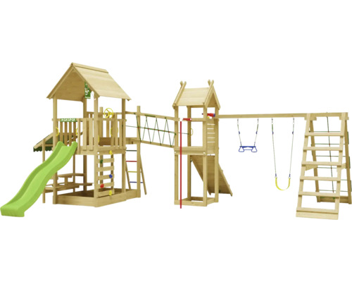 Cabane de jeux sur pilotis avec balançoire double Jungle Gym 652 x 464 bois toboggan vert