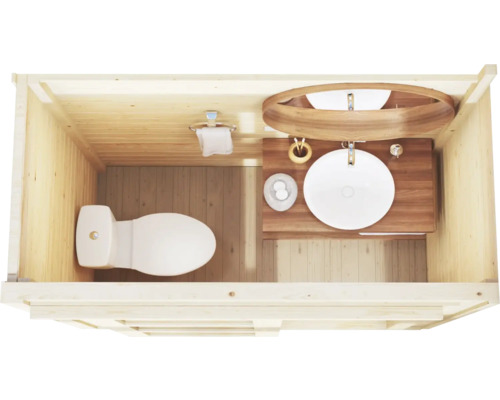 Vue intérieure d''une salle de bains avec toilettes, lavabo et murs en bois