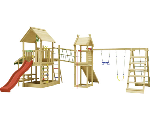 Cabane de jeux sur pilotis avec balançoire double Jungle Gym 652 x 464 bois toboggan rouge