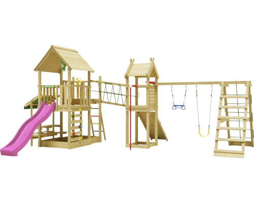 Cabane de jeux sur pilotis avec balançoire double Jungle Gym 652 x 464 bois toboggan fuchsia