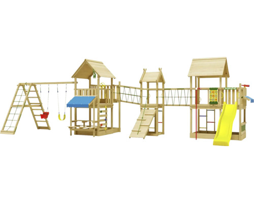 Cabane de jeux sur pilotis avec balançoire double Jungle Gym 954 x 342 bois toboggan jaune