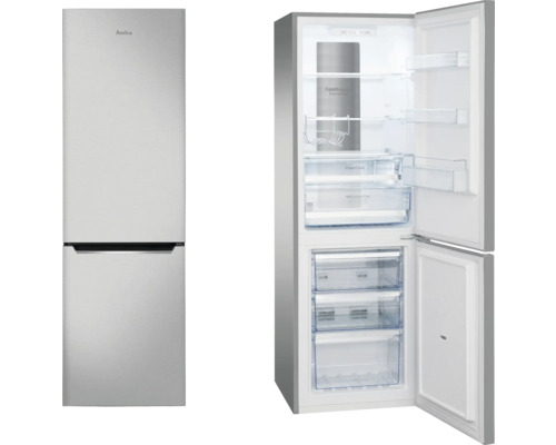 Combinaison réfrigérateur-congélateur Amica avec porte ouverte, intérieur avec compartiments et tiroirs visibles