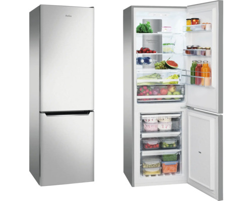 Combiné réfrigérateur-congélateur Amica avec portes ouvertes, rempli de nourriture