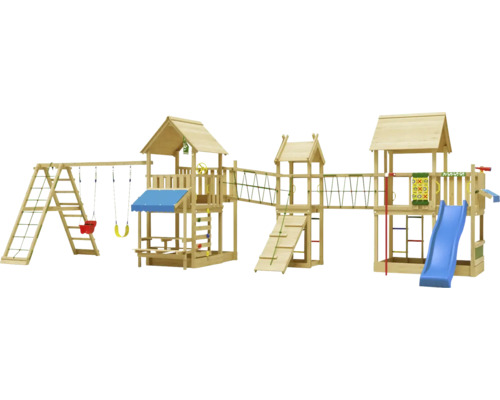 Cabane de jeux sur pilotis avec balançoire double Jungle Gym 954 x 342 bois toboggan bleu