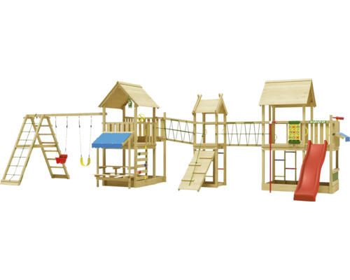 Cabane de jeux sur pilotis avec balançoire double Jungle Gym 954 x 342 bois toboggan rouge