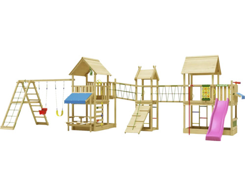 Doppelschaukel Spielhaus mit Stelzen Jungle Gym 954 x 342 cm Holz fuchsia