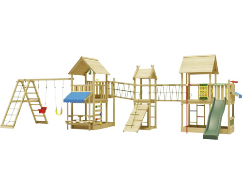 Cabane de jeux sur pilotis avec balançoire double Jungle Gym 954 x 342 bois toboggan vert foncé