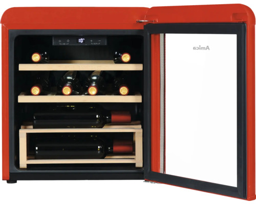 Cave à vin avec façade en verre, étagères en bois et affichage numérique de la température