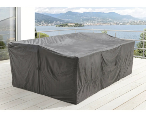 Housse de protection pour coin salon Destiny 210x150x80 cm, avec sac de rangement Housse de protection grise pour mobilier de jardin sur une terrasse avec vue sur le lac