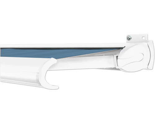 SOLUNA Kassettenmarkise Exclusiv 4x3 Dessin 320916 Gestell RAL 9010 reinweiß Antrieb rechts inkl. Motor und Wandschalter