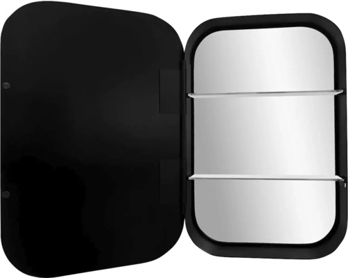 Armoire de toilette noire ouverte avec deux étagères