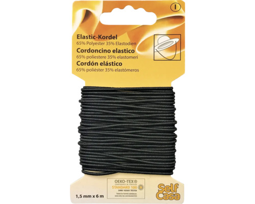 Elastic-Kordel 1,5 mm x 6 m schwarz Elastikkordel, 1,5 mm x 6 m, aus 65 Prozent Polyester und 35 Prozent Elastodien
