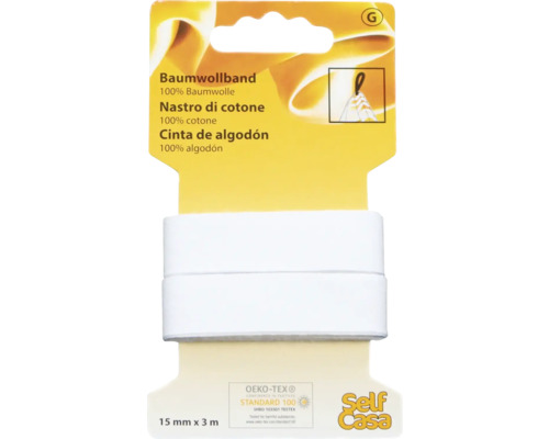 Baumwollband, 15 mm x 3 m, auf einer Verpackung