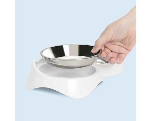 Doppelnapf für Haustiere mit Edelstahlnäpfen und weißem Kunststoffgestell