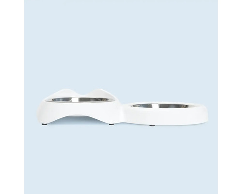 Doppelnapf für Haustiere mit Edelstahlschalen und weißem Kunststofffuß