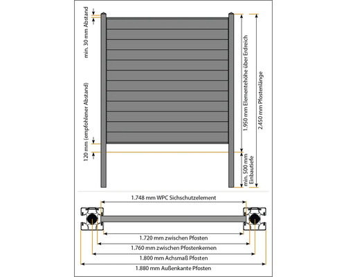 Dessin technique d''un élément de protection visuelle en WPC avec indications de mesure