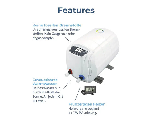 Image d''un chauffe-eau avec des notes sur les caractéristiques du produit