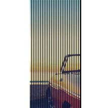 Voiture à la plage avec des lignes verticales au premier plan
