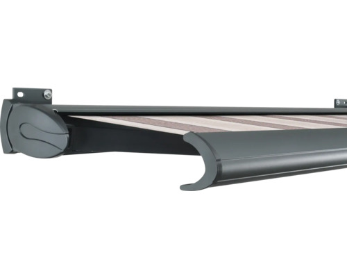 SOLUNA Kassettenmarkise Exklusiv 6x3 Dessin 8935 Gestell RAL 7016 anthrazitgrau Antrieb links inkl. Motor und Wandschalter Markise mit grauer Kassette und gestreiftem Markisentuch
