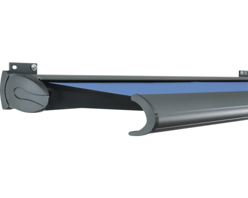 SOLUNA Kassettenmarkise Exklusiv 4x2 Dessin S2828 Gestell RAL 7016 anthrazitgrau Antrieb links inkl. Motor und Wandschalter Halboffene Markise zum Schutz vor der Sonne