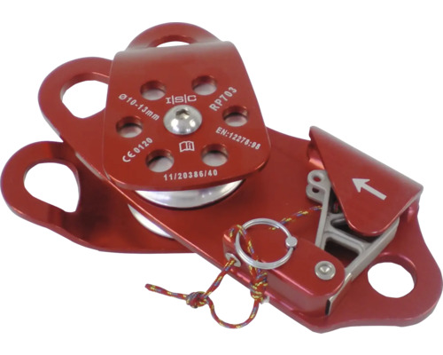 Poulie rouge avec points de fixation pour cordes