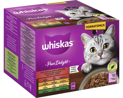 Pâtée pour chats Whiskas Pure Delight Multipack Ragoût classique au bœuf en gelée Nourriture pour chats adultes 24x 85 g 2,04 kg