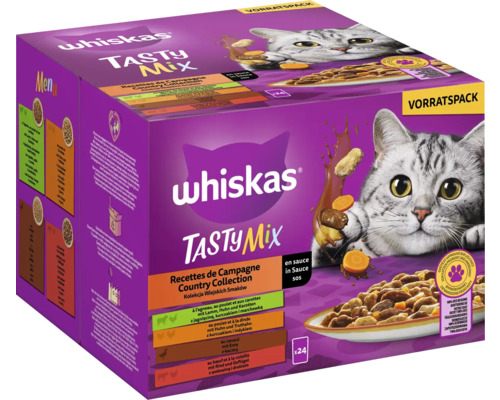 Pâtée pour chats Whiskas Tasty Mix Multipack Country Collection à l'agneau, au poulet et aux carottes en sauce + au poulet et à la dinde + au canard +au boeuf et à la volaille Nourriture pour chats adultes 24x 85 g 2,04 kg