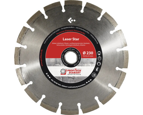 Disque à tronçonner diamanté Profitech Diamant Laser Star Ø 125x22,23 mm Disque de tronçonnage diamanté d''un diamètre de 230 millimètres pour le traitement du clinker, des pavés, des pierres de bordure de gazon, des bordures de trottoir, des pavés autobloquants, des tuiles et du vieux béton