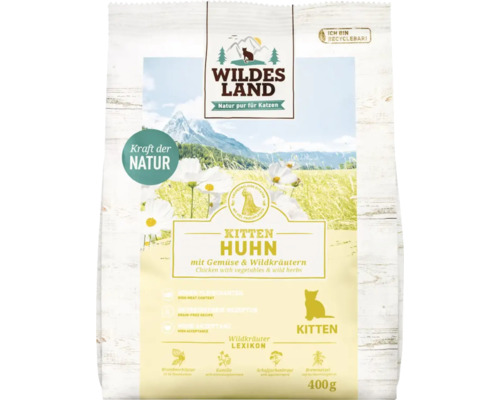 Croquettes pour chat WILDES LAND poulet Kitten avec légumes et herbes sauvages avec des supers aliments précieux, sans céréales, sans gluten 400 g