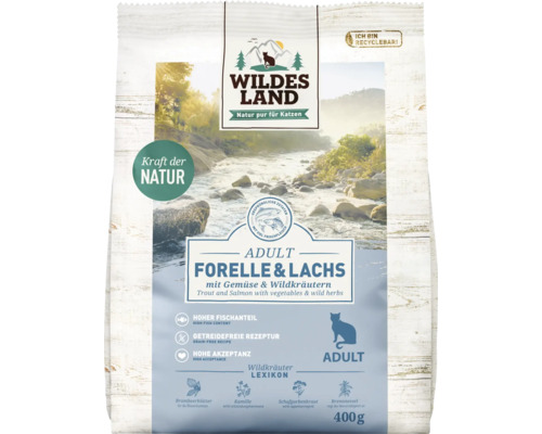 Croquettes pour chat WILDES LAND truite et saumon Adult avec légumes et herbes sauvages avec des supers aliments précieux, sans céréales, sans gluten 400 g