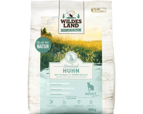 Croquettes pour chat WILDES LAND poulet Sterilised avec légumes et herbes sauvages avec des supers aliments précieux, sans céréales, sans gluten 400 g