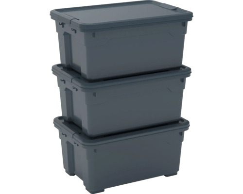 Boîte en plastique DIRK XS 12 l anthracite 255x170x370 mm avec couvercle lot de 3 Trois boîtes de rangement en plastique empilées avec couvercle.