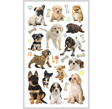 Planche d''autocollants avec différentes races de chiens, des os et des empreintes de pattes