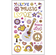 Illustration avec guitare, fleurs, arcs-en-ciel, cœurs, notes de musique et les mots amour, musique, paix et amour