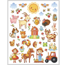 Planche d''autocollants avec animaux de la ferme, bâtiments de la ferme et motifs de la ferme