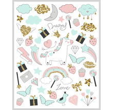 Illustration mit Einhorn, Regenbogen, Wolken, Sternen und weiteren kindlichen Motiven