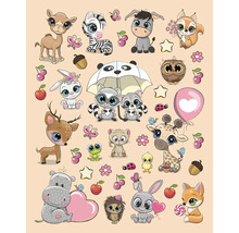 Illustration mit verschiedenen Cartoon-Tieren, darunter Kamel, Zebra, Esel, Eichhörnchen, Hase, Waschbären, Panda, Eule, Reh, Nilpferd, Frosch, Katze, Küken, Giraffe, Igel und Fuchs