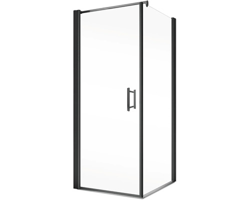 Eckdusche mit Tür und schwarzem Rahmen
