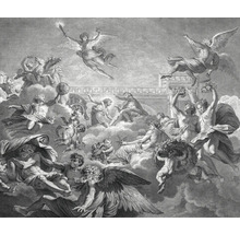 Schwarz-Weiß-Illustration mit Figuren in Wolken