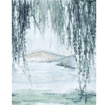 Peinture à l''aquarelle représentant un saule au premier plan et un paysage à l''arrière-plan