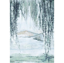 Peinture aquarelle d''un saule au-dessus d''un paysage lacustre