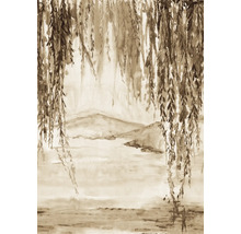 Peinture aquarelle avec un saule et un paysage en arrière-plan.