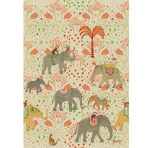 Illustration mit Elefanten, Affen, Katzen, einem Baum und Blumen