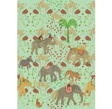 Motif décoratif avec des éléphants, des singes, des plantes et des arbres