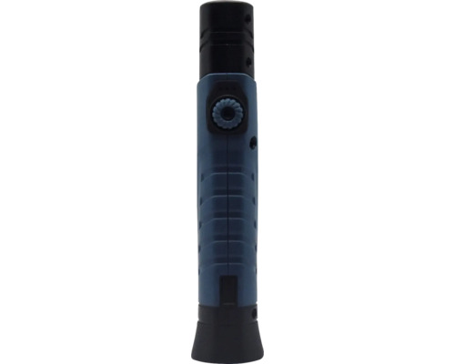 Vue détaillée d''un chalumeau bleu avec une poignée noire et un bouton rotatif