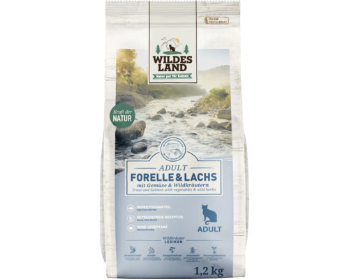 Croquettes pour chat WILDES LAND truite et saumon Adult avec légumes et herbes sauvages avec des supers aliments précieux, sans céréales, sans gluten 1,2 kg