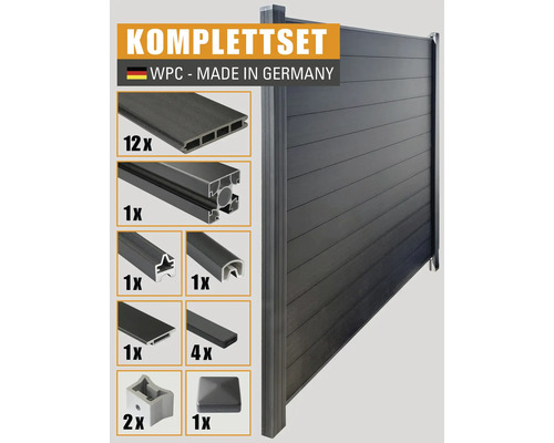 Kit complet de clôture d''intimité en WPC d''Allemagne avec douze profilés en WPC, un profilé en aluminium, deux profilés angulaires, un couvercle, un profilé de fermeture, quatre lattes, deux pieds de poteau et un capuchon de poteau