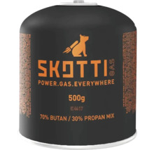 Cartouche de gaz Skotti avec un poids de remplissage de 500 grammes et un mélange de 70 % de butane et de 30 % de propane