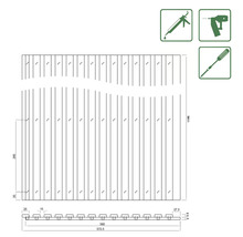 Technische Zeichnung einer Holzwand mit Maßen und Symbolen für Werkzeuge
