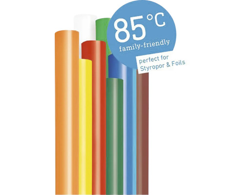 Bâtons de colle Steinel Ø 7 x150 mm Color 85°C, 16 pces Bâtons de colle de différentes couleurs indiquant 85 degrés Celsius, adaptés aux familles, parfaits pour le polystyrène et les feuilles